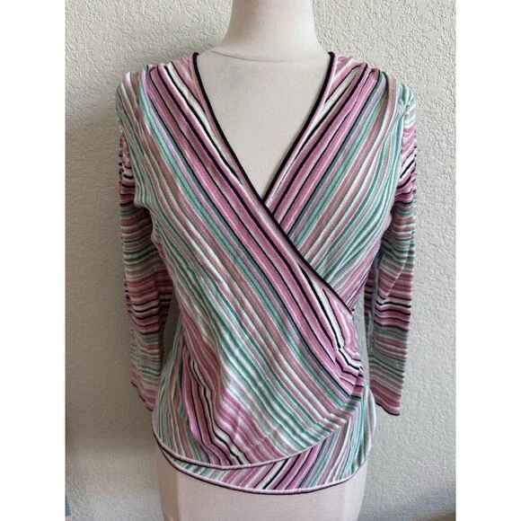 NWT Nine West Wrap Waist Sweater Rainbow Striped V Neck Size L Boho Soft - Picture 1 of 9